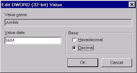 e. Right-click the subkey JvmMs, and click Modify on the pop-up menu. Under Base, select Decimal. In Value Data, enter 512. Click OK. f.