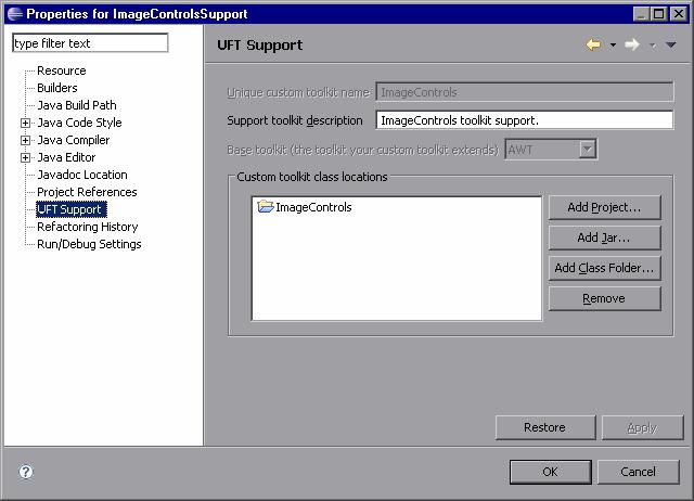 Chapter 5: Using the UFT Java Add-in Extensibility Eclipse Plug-In For information on the options in this dialog box, see "Custom Toolkit Details Screen" on page 77.