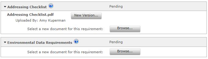 If you need to add a corrected version of a document you previously submitted, use the New Version button (). If you have never uploaded the document and want to add it now, use the Browse button ().