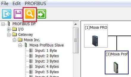To remove the device from the PROFIBUS network (depicted at the top of the right panel in the figure above), select the device and press the Delete key.