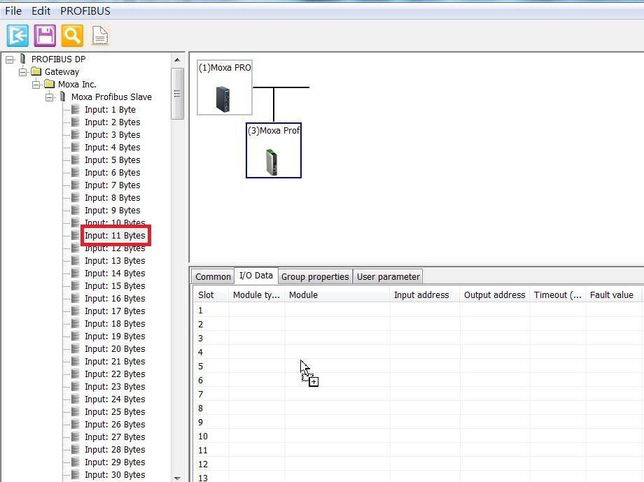 To configure the PROFIBUS I/O modules for a specific slave device, select the device from