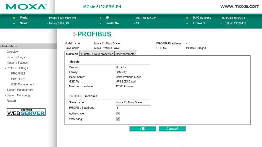 Configuration (Web Console) After you add the device to the MGate gateway, click the Edit button to edit related settings. See PROFIBUS Settings in Chapter 4 for a description of each function.