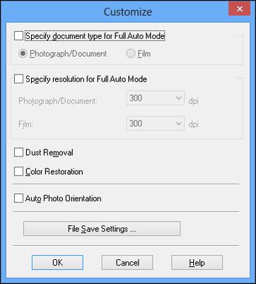 2. To select image adjustment options or change your scanned file settings, click Customize, select the settings you want, and click OK.