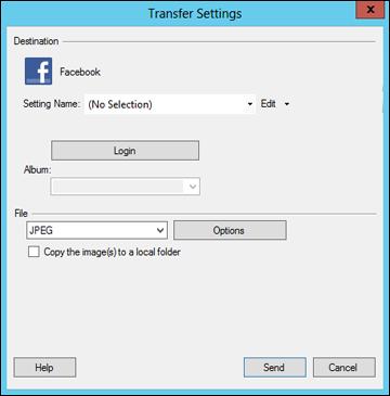 You see a window like this: Note: If you have already configured a Facebook account in Easy Photo Scan, you can select the Setting Name or Destination Name for the account, click Login if necessary,