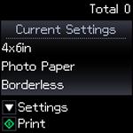 You see the current settings: 7. To change the print settings, press the arrow button shown on the screen and select the necessary settings. 8. When you are ready to print, press the start button.