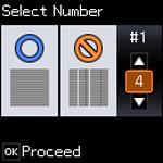 You see this screen: 8. Check the printed pattern and press the arrow buttons to choose the number representing the best printed pattern for each set. Press the OK button after each selection.