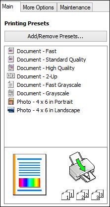 Selecting a Printing Preset - Windows For quick access to common groups of print settings, you can select a printing preset on the Main or More Options tab.