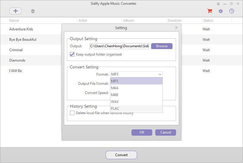 Choose Output Settings After importing music to Sidify, you can click setting button to choose output format (MP3, AAC, FLAC or WAV), output quality (320kbps, 256kbps,