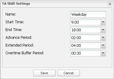 10 GV-TAWeb 5. Specify an Advance Period to set the amount of time prior to the regular start time an employee can work.