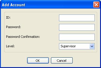 11 GV-VMWeb 2. To create an account, click the New button in the bottom left corner. This dialog box appears. Figure 11-6 3. Type the Supervisor s ID and Password.