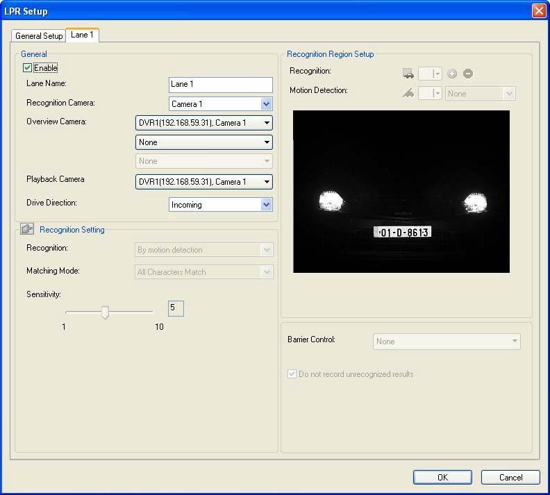 12.3.3 Step 3: Configuring a Channel 1. To configure the channel, select the Lane 1 tab. This dialog box appears. Figure 12-17 2. Select Enable. 3. Select up to three Overview Cameras to capture the overall appearance of the vehicle.