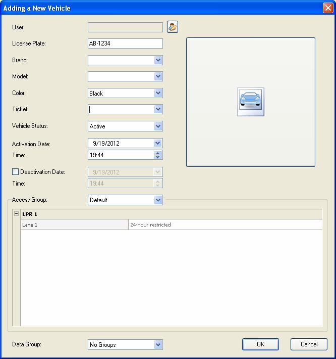 12 License Plate Recognition 2. Click the New button on the toolbar. This dialog box appears. Figure 12-19 3. The settings are available for the card: User: Assign the vehicle to a user.