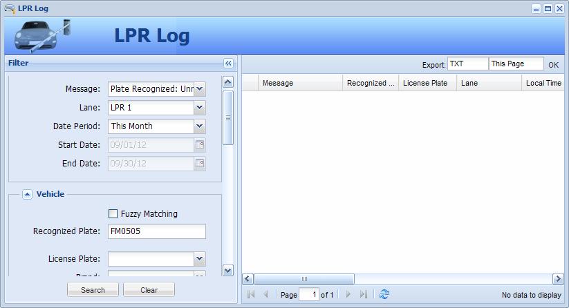 12 License Plate Recognition 12.7.3 LPR Log Using LPR Log, you can set search criteria to look up a record, see snapshots of detected license plates and play back recorded videos.