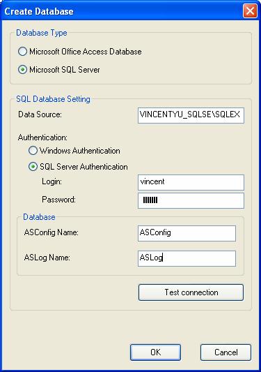 12 Database Settings 13.2 Creating a Database You can select either Microsoft Office Access or Microsoft SQL Server as the database of GV-ASManager. 1. Click the ASManager Database Setting button on the Database Tools dialog box (Figure 12-1).