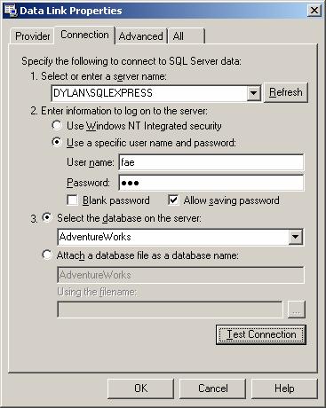 3. Select the OLE DB provider that you wish to connect to, and click OK. The connection dialog box appears. The dialog box varies depending on the OLE DB provider you choose.