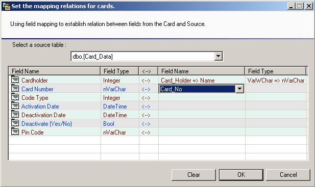 12 Database Settings To map the card data: 1. Click the Set the mapping relations for cards button in the Options dialog box (Figure 13-4). This window appears. Figure 13-11 2.