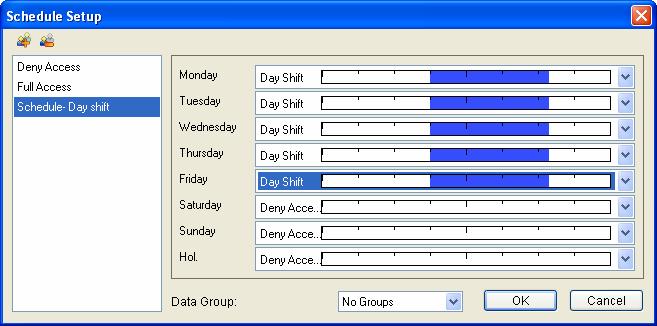 4 Settings 4. From the drop-down lists of Monday to Friday, select the Day shift time zone we have created. No access is allowed on Saturday, Sunday and Holiday. Figure 4-15 5.