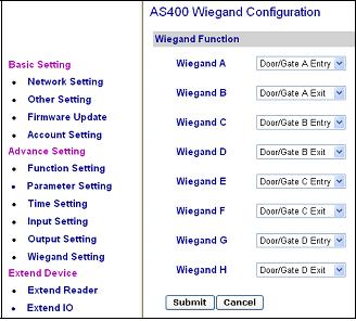 To define readers, you can use GV-ASKeypad or the Web interface of the GV-AS Controller. Here we use the GV-AS400 Web interface as example to define Wiegand readers.