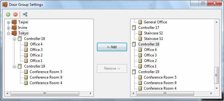 On the menu bar, click Setup and select Door groups. This window appears and the connected controllers are listed on the right. Figure 7-15 2. Click the Add Group button. A new group is created. 3.