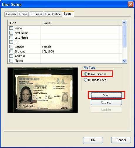 6. Place a driver s license on the Scanner and click Scan. The license image is displayed. Figure 7-18 7. Click the Extract button to read the license data.