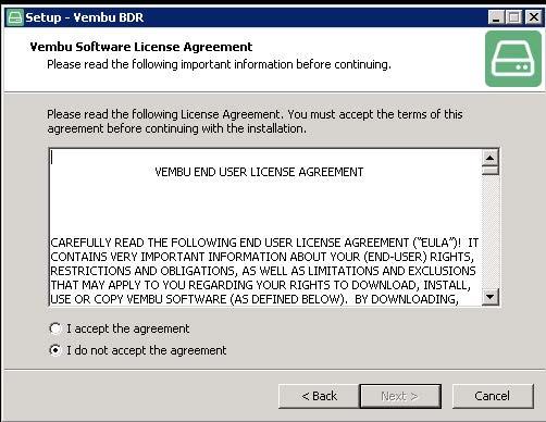 The wizard will prompt the Vembu BDR license agreement.
