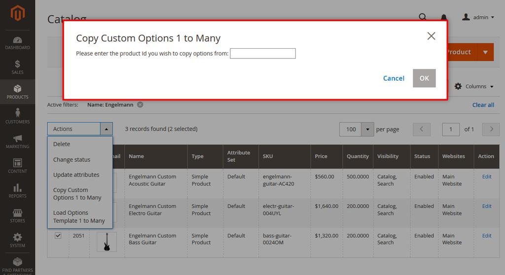 The "Copy Custom Options 1 to Many" action allows to copy saved options and add them to different products.