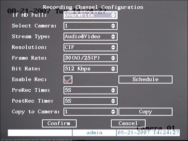 5.12 Recording Setup follows: In the main menu, there is an icon called Recording. You can enter into recording menu as Recording menu description: Fig 5.