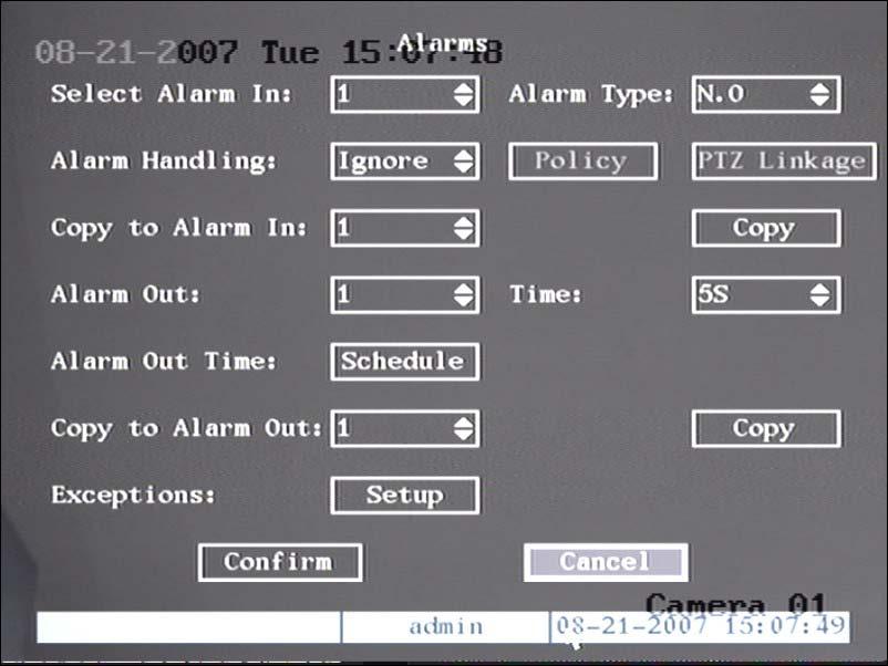 5.13 External Alarm Input and Relay Output For QSC26404 there are 4 alarm in and 1 relay out ports. In Alarms menu, you can setup each external alarm input.