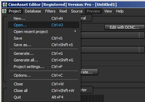 6.6 Configuring project settings 1. In the CineAsset Editor main window menu, click Project and then click Open. Figure 42: Open a project 2.
