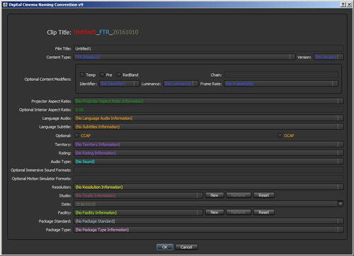 6.9 Editing metadata for a Digital Cinema Package Figure 60: Digital Cinema Naming Convention window 3. Select your DCP parameters using the drop-down menus.