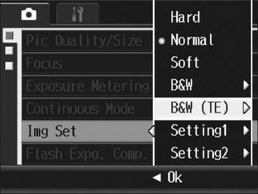 Setting the Toning Effect for Black-and White Images (B&W (TE)) 1 Various Shooting Functions 1 Turn the mode dial to 5/P/A/M/SCENE. 2 Press the MENU/OK button. The shooting menu is displayed.
