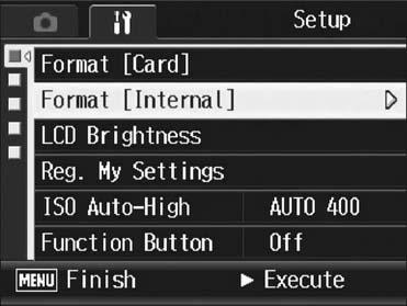 Formatting the Internal Memory (Format [Internal]) If the error message [Format internal memory] is displayed, you must format the internal memory prior to use.