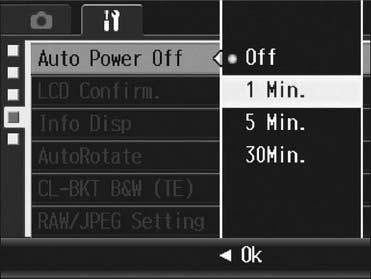 Changing the Auto Power Off Setting (Auto Power Off) If you do not operate the camera for a set period of time, it shuts off automatically to conserve battery power (Auto Power Off).
