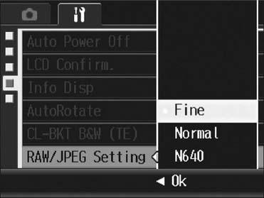 Changing the RAW Mode JPEG Image Setting (RAW/JPEG Setting) When shooting with [Pic Quality/Size] set to RAW mode (GP.91), a JPEG file associated with the RAW format file (.