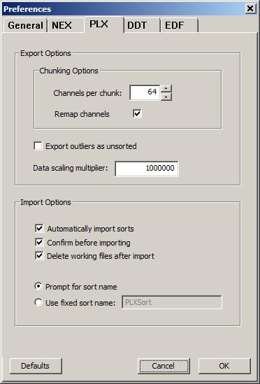 Export Options Channels per chunk Remap channels Export outliers as unsorted Data Scaling Multiplier Set the number of channels to include in each PLX file during export of high channel count data