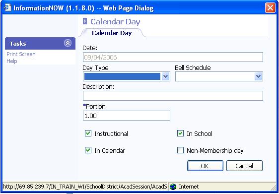 Fill Day Types: Allows the user to place Day Types on each school attendance day for the year. Fill Bell Schedule: Allows the user to place Bell Schedules on each school attendance day for the year.