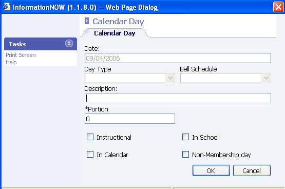 The Calendar Day screen below will appear. Screen 15 Description: Describe the reason this day is being added (not required). *Portion: This is a required field.