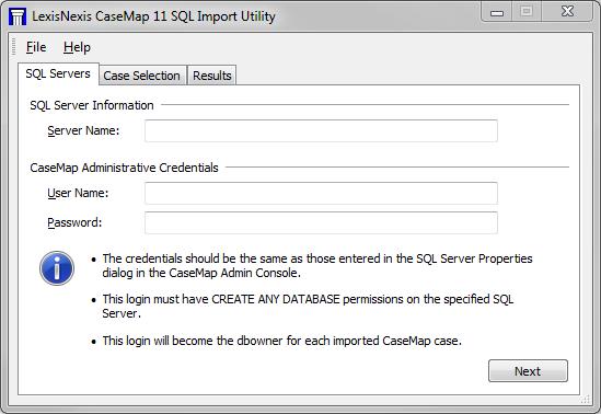 Installing CaseMap Server 49 When you are ready to migrate existing cases to the CaseMap Server, the LexisNexis CaseMap SQL Import Utility dialog box displays. See About migrating cases.