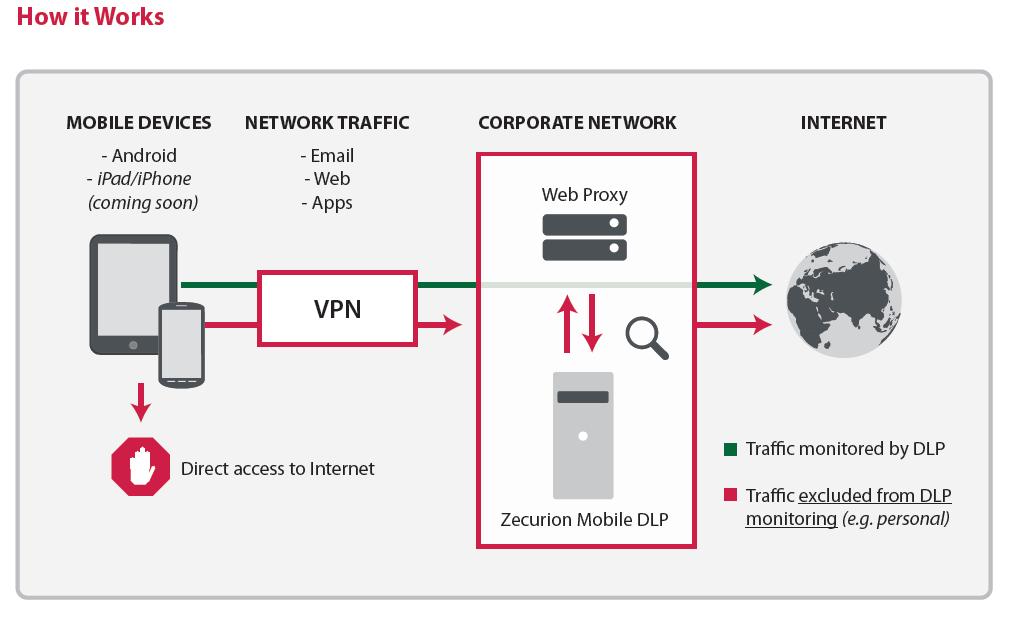 All traffic passes through a VPN and arrives at the server for content analysis.