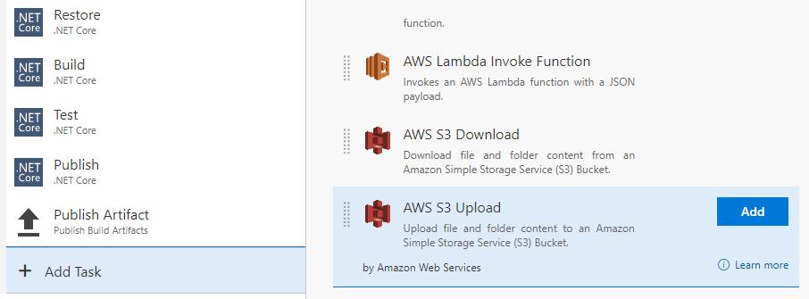 Archiving Build Artifacts with the AWS S3 Upload Task Add the S3 Upload Task to the Build Definition To capture the build output produced by the Publish task and upload it to Amazon S3 you need to