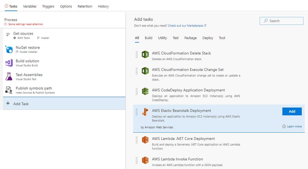 Deploying an ASP.NET Application Using the AWS Elastic Beanstalk Deployment Task Click on the new task and you will see the properties for it in the right pane.