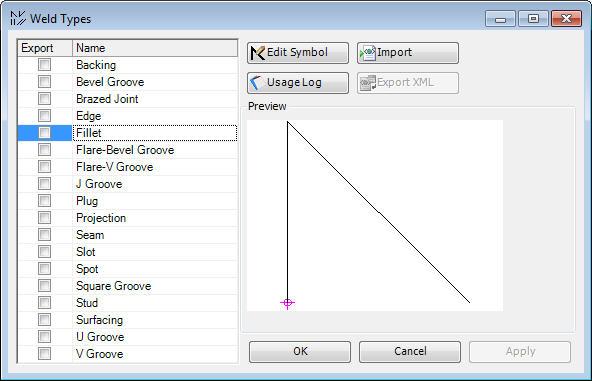 WELD TYPES The WeldManagement module contains eighteen predefined weld types. Types may not be added or removed, however the symbol representations of these types are fully customizable.