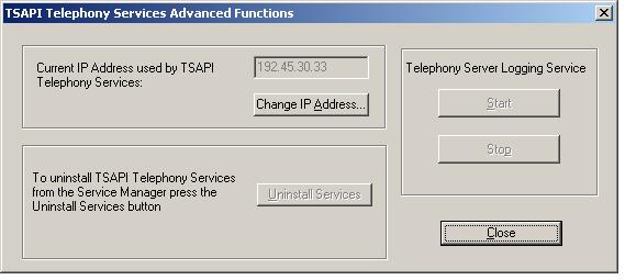 On the TSAPI Telephony Services Advanced Functions dialog box, click Change IP Address button and enter 192.45.