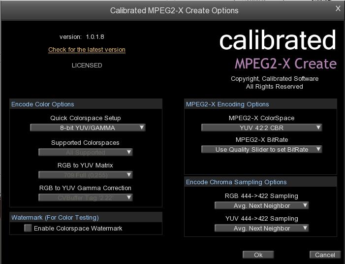 Version The version box shows the version of Calibrated MPEG2-X Create you are running and it display a webpage link of where to download the latest version.