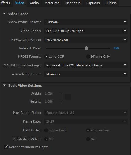 Video Tab in the Export Settings for PPro/AME CC for MPEG2-X Create