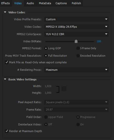 Video Tab in the Export Settings for