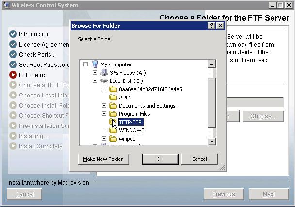 Figure 7. Root Password Figure 8. File Folder Selection Step 5: Choose TFTP and FTP folders On the local machine, choose your FTP folder, TFTP folder, and the installation folder for Cisco WCS.