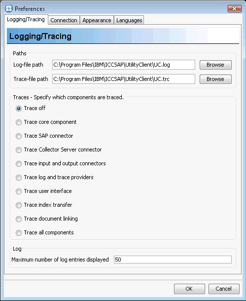Figure 49. Logging/Tracing page of the Preferences window containing your specifications 3.
