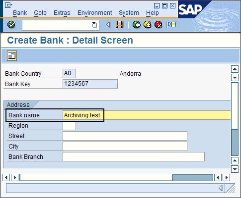 Figure 68. Create Bank: Detail Screen window containing the bank name 6. Click the Save icon to save your settings. What to do next: 8.1.5, Running an archiving session to test your archiving setup 8.