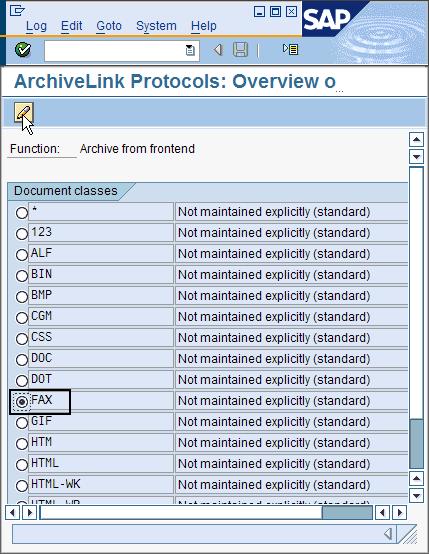 Figure 89. ArchiveLink Protocols: Overview of Protocol window showing which radio button and which icon to click 5.